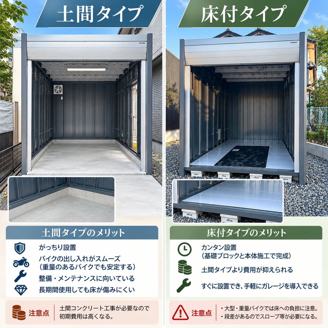 土間タイプと床付タイプの違い｜イナバ「アルシアフィット」の紹介の施工写真